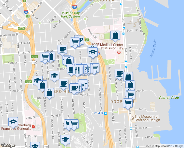 map of restaurants, bars, coffee shops, grocery stores, and more near 311 Texas Street in San Francisco