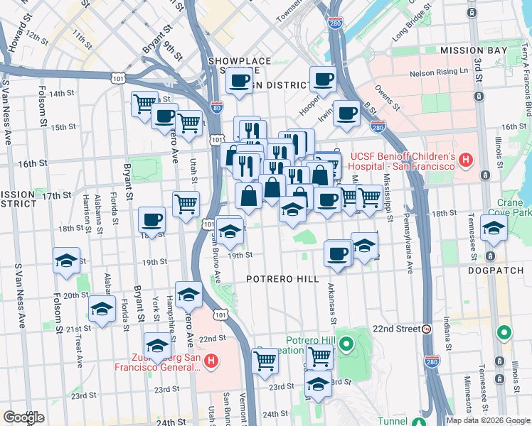 map of restaurants, bars, coffee shops, grocery stores, and more near 1912 18th Street in San Francisco
