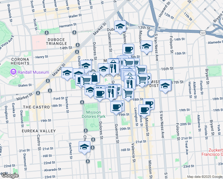 map of restaurants, bars, coffee shops, grocery stores, and more near 10 Dorland Street in San Francisco