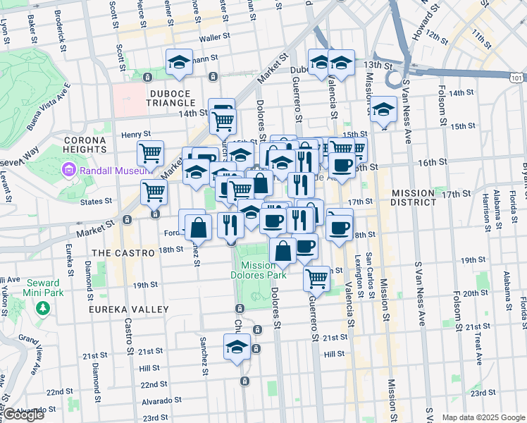 map of restaurants, bars, coffee shops, grocery stores, and more near 3639 17th Street in San Francisco