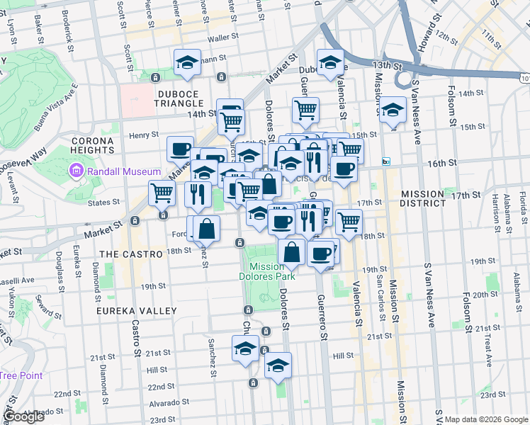 map of restaurants, bars, coffee shops, grocery stores, and more near 3641a 17th Street in San Francisco