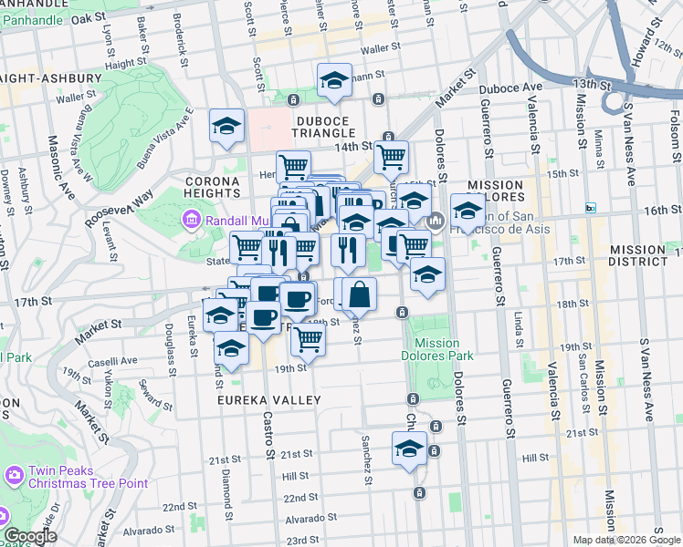 map of restaurants, bars, coffee shops, grocery stores, and more near 3835a 17th Street in San Francisco