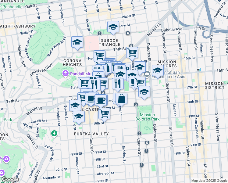 map of restaurants, bars, coffee shops, grocery stores, and more near 3835a 17th Street in San Francisco