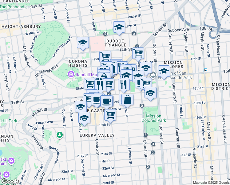 map of restaurants, bars, coffee shops, grocery stores, and more near 3835a 17th Street in San Francisco