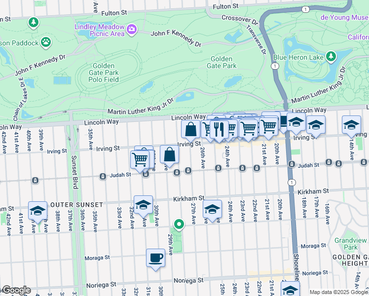 map of restaurants, bars, coffee shops, grocery stores, and more near 1334 27th Avenue in San Francisco