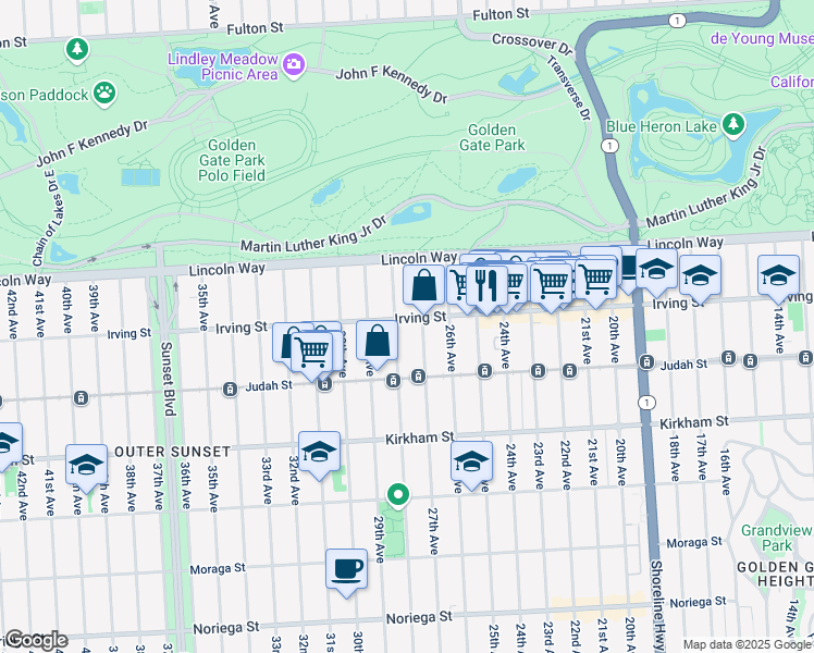map of restaurants, bars, coffee shops, grocery stores, and more near 1331 28th Avenue in San Francisco