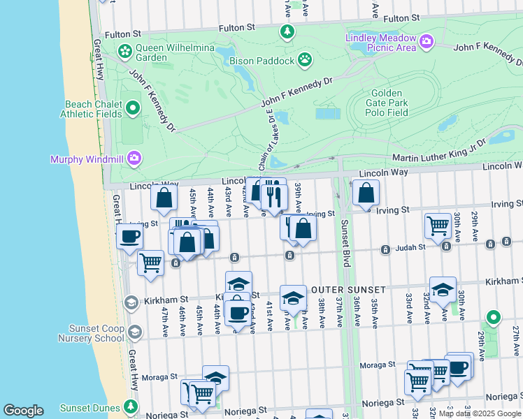 map of restaurants, bars, coffee shops, grocery stores, and more near 3932 Irving Street in San Francisco