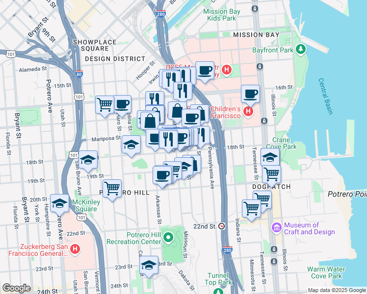map of restaurants, bars, coffee shops, grocery stores, and more near 311 Texas Street in San Francisco