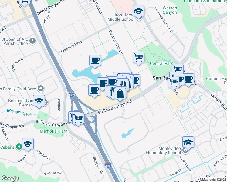 map of restaurants, bars, coffee shops, grocery stores, and more near 164 Sunset Drive in San Ramon