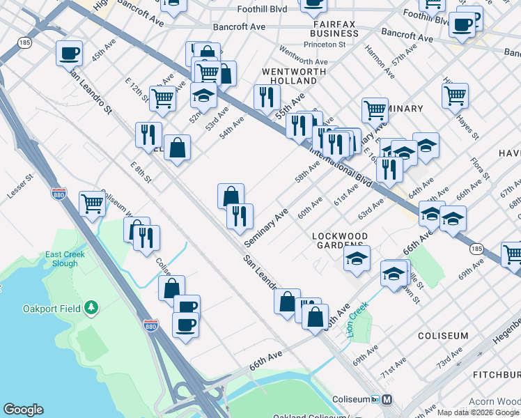 map of restaurants, bars, coffee shops, grocery stores, and more near 1151 58th Avenue in Oakland