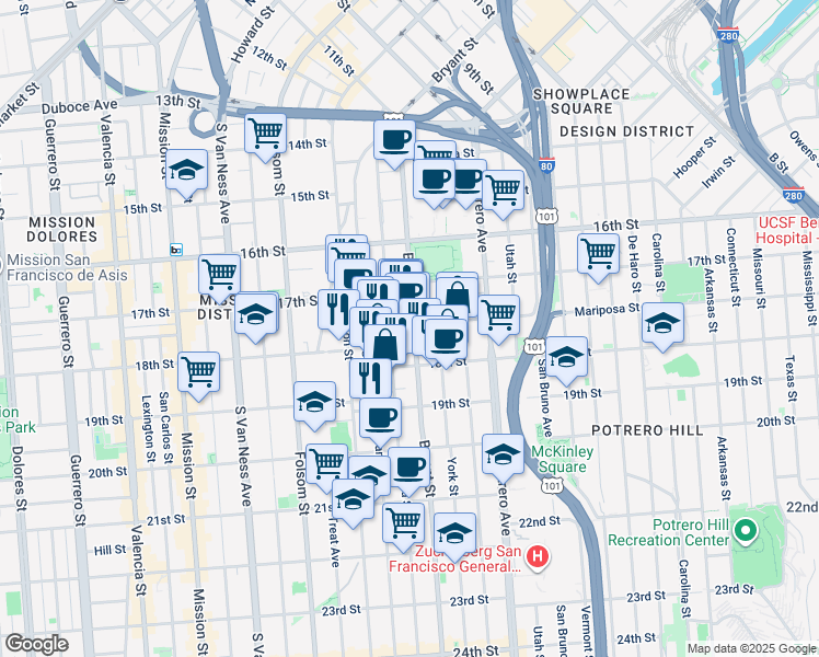 map of restaurants, bars, coffee shops, grocery stores, and more near 2727 Mariposa Street in San Francisco