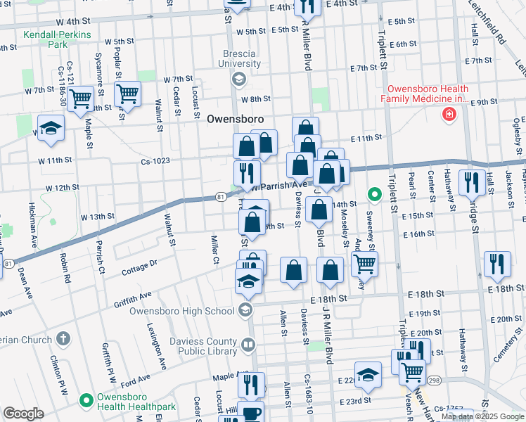 map of restaurants, bars, coffee shops, grocery stores, and more near Saint Ann Street in Owensboro