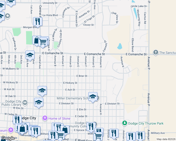 map of restaurants, bars, coffee shops, grocery stores, and more near 1500-1598 Avenue F in Dodge City