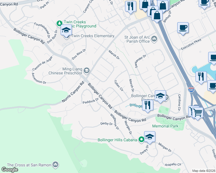map of restaurants, bars, coffee shops, grocery stores, and more near 2600 Totana Court in San Ramon