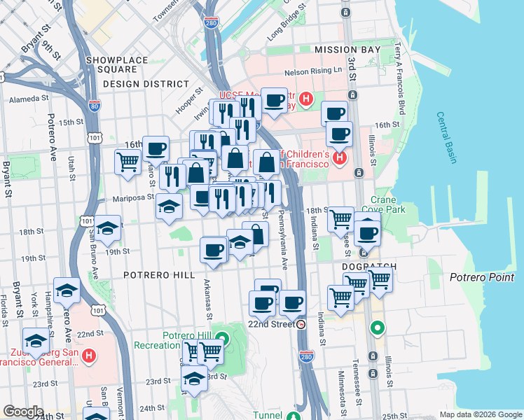 map of restaurants, bars, coffee shops, grocery stores, and more near 311 Texas Street in San Francisco