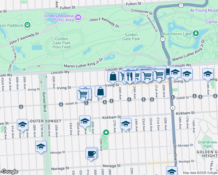 map of restaurants, bars, coffee shops, grocery stores, and more near 1334 27th Avenue in San Francisco