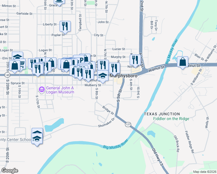map of restaurants, bars, coffee shops, grocery stores, and more near Plum Street in Murphysboro