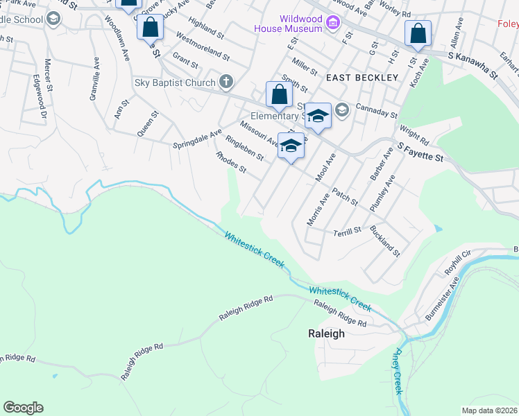map of restaurants, bars, coffee shops, grocery stores, and more near 305 Terrill Street in Beckley