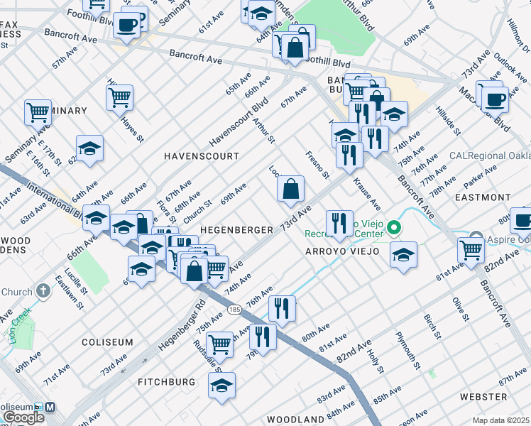 map of restaurants, bars, coffee shops, grocery stores, and more near 7138 Holly Street in Oakland