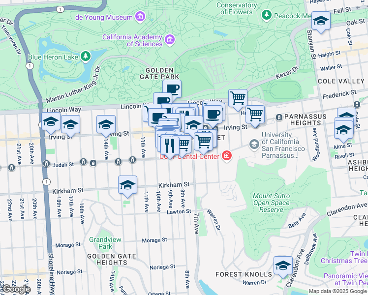 map of restaurants, bars, coffee shops, grocery stores, and more near 1353 7th Avenue in San Francisco