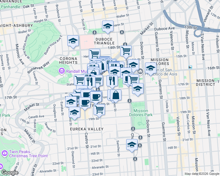 map of restaurants, bars, coffee shops, grocery stores, and more near 3835a 17th Street in San Francisco