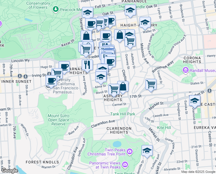 map of restaurants, bars, coffee shops, grocery stores, and more near 101 Rivoli Street in San Francisco