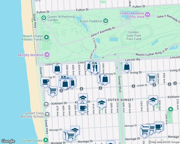 map of restaurants, bars, coffee shops, grocery stores, and more near 3932 Irving Street in San Francisco