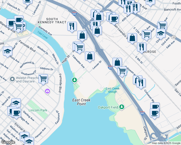 map of restaurants, bars, coffee shops, grocery stores, and more near 414 Lesser Street in Oakland
