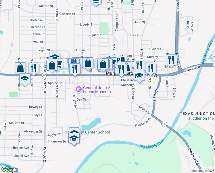map of restaurants, bars, coffee shops, grocery stores, and more near 203 South 13th Street in Murphysboro