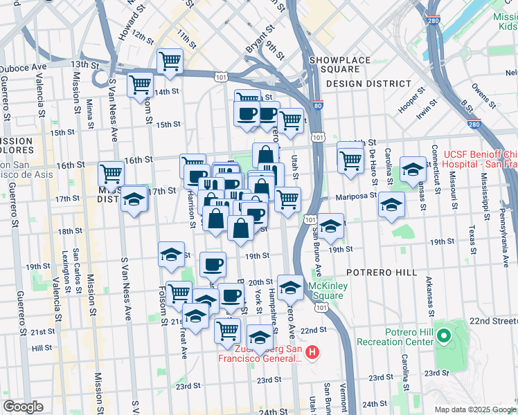 map of restaurants, bars, coffee shops, grocery stores, and more near 535 York Street in San Francisco