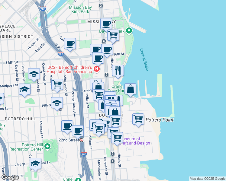 map of restaurants, bars, coffee shops, grocery stores, and more near 700 Illinois Street in San Francisco