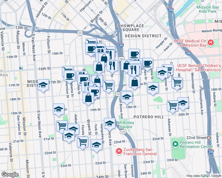 map of restaurants, bars, coffee shops, grocery stores, and more near 510 Utah Street in San Francisco