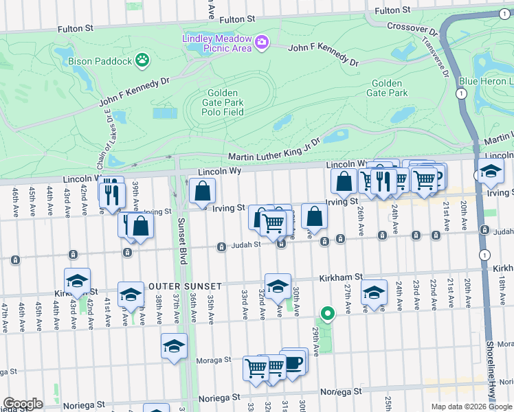 map of restaurants, bars, coffee shops, grocery stores, and more near Irving St & 32nd Ave in San Francisco