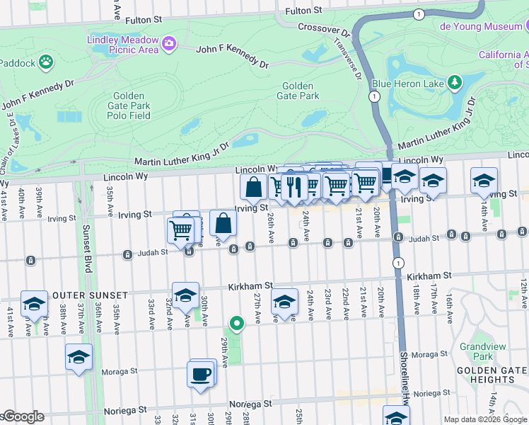 map of restaurants, bars, coffee shops, grocery stores, and more near 2513 Irving Street in San Francisco