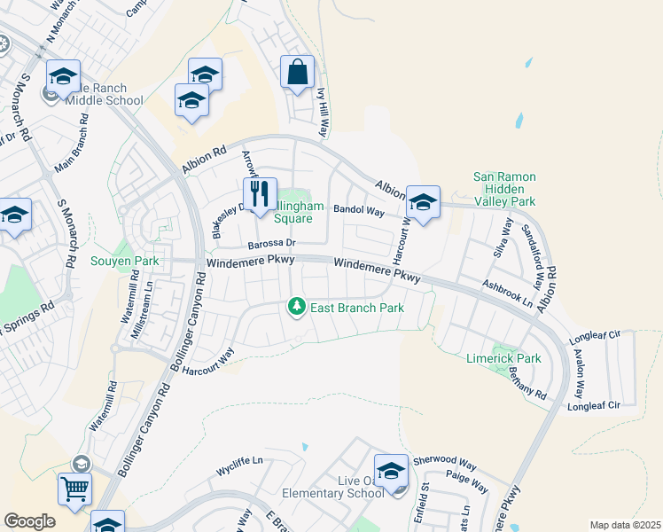 map of restaurants, bars, coffee shops, grocery stores, and more near 342 Rothbury Way in San Ramon