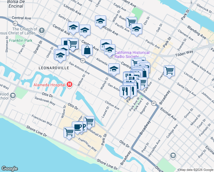 map of restaurants, bars, coffee shops, grocery stores, and more near 2217 San Jose Avenue in Alameda