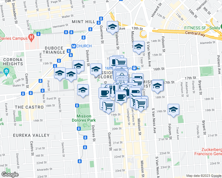 map of restaurants, bars, coffee shops, grocery stores, and more near 3461 17th Street in San Francisco