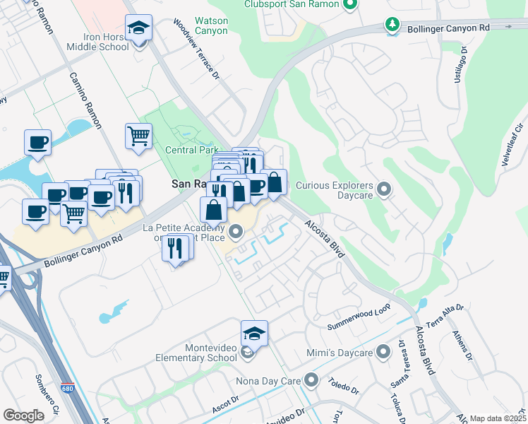 map of restaurants, bars, coffee shops, grocery stores, and more near 120 Reflections Drive in San Ramon
