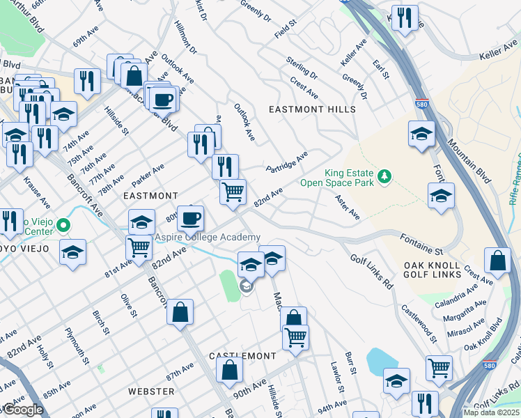 map of restaurants, bars, coffee shops, grocery stores, and more near 8300 Golf Links Road in Oakland