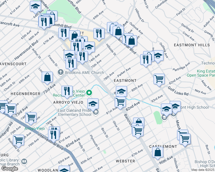 map of restaurants, bars, coffee shops, grocery stores, and more near 7856 Olive Street in Oakland