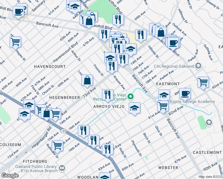 map of restaurants, bars, coffee shops, grocery stores, and more near 7532 Deerwood Avenue in Oakland