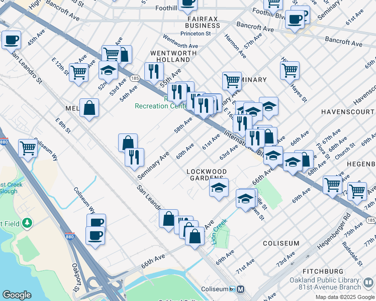 map of restaurants, bars, coffee shops, grocery stores, and more near 1256 61st Avenue in Oakland