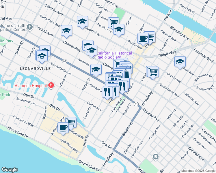 map of restaurants, bars, coffee shops, grocery stores, and more near 1110 Oak Street in Alameda
