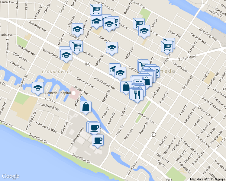 map of restaurants, bars, coffee shops, grocery stores, and more near 2217 San Jose Avenue in Alameda