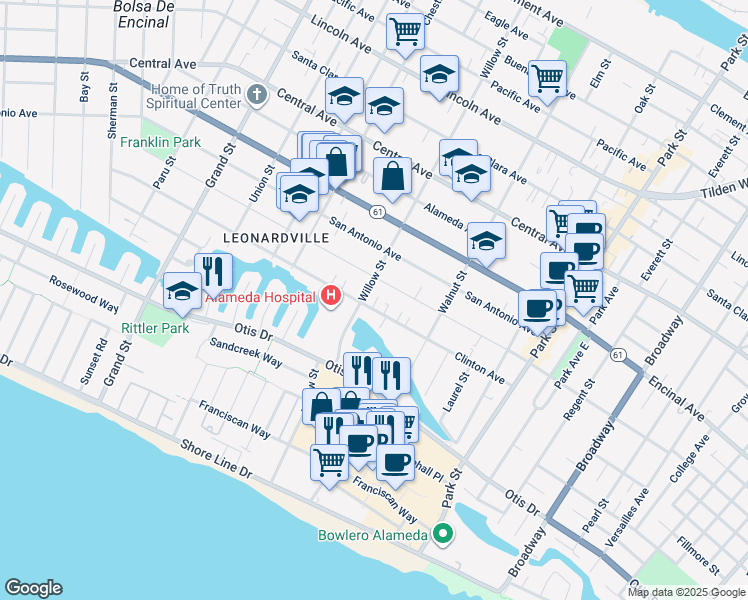 map of restaurants, bars, coffee shops, grocery stores, and more near 888 Willow Street in Alameda