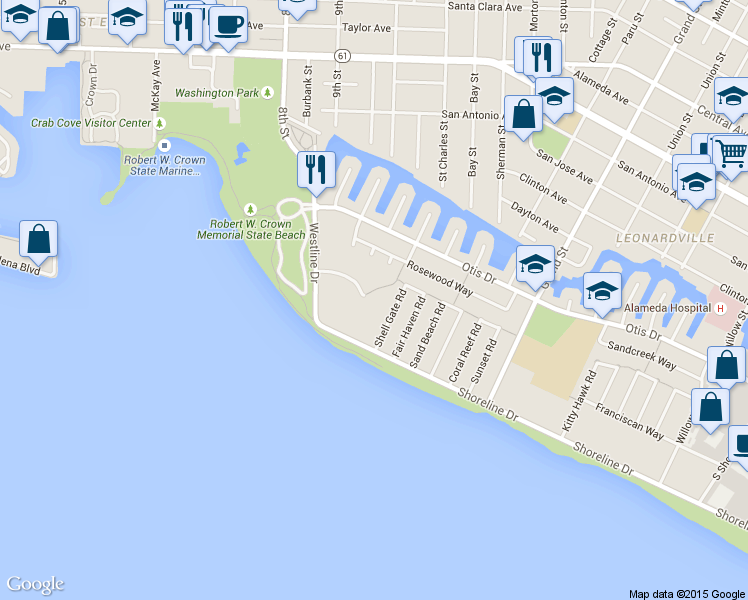 map of restaurants, bars, coffee shops, grocery stores, and more near 960 Shorepoint Court in Alameda