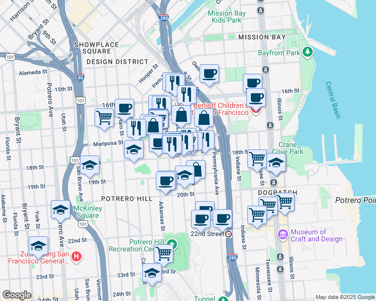 map of restaurants, bars, coffee shops, grocery stores, and more near 311 Texas Street in San Francisco