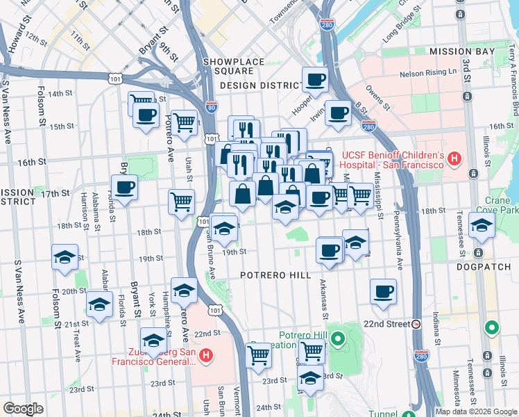 map of restaurants, bars, coffee shops, grocery stores, and more near 1912 18th Street in San Francisco