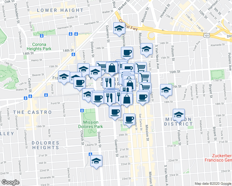 map of restaurants, bars, coffee shops, grocery stores, and more near 10 Dorland Street in San Francisco
