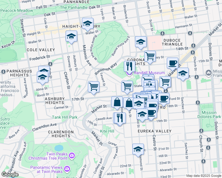 map of restaurants, bars, coffee shops, grocery stores, and more near 80 Ord Street in San Francisco